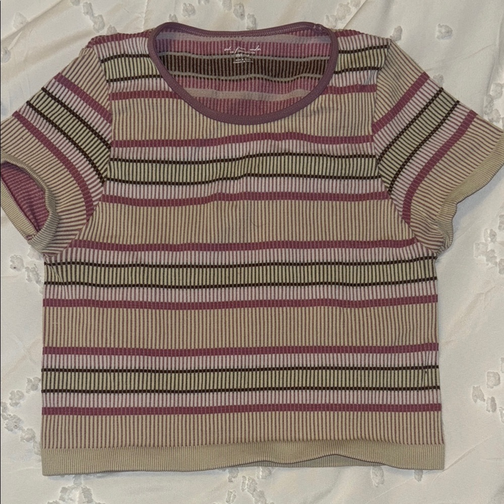 Urban Outfitters Pink and Green Ribbed Crop T-Shirt